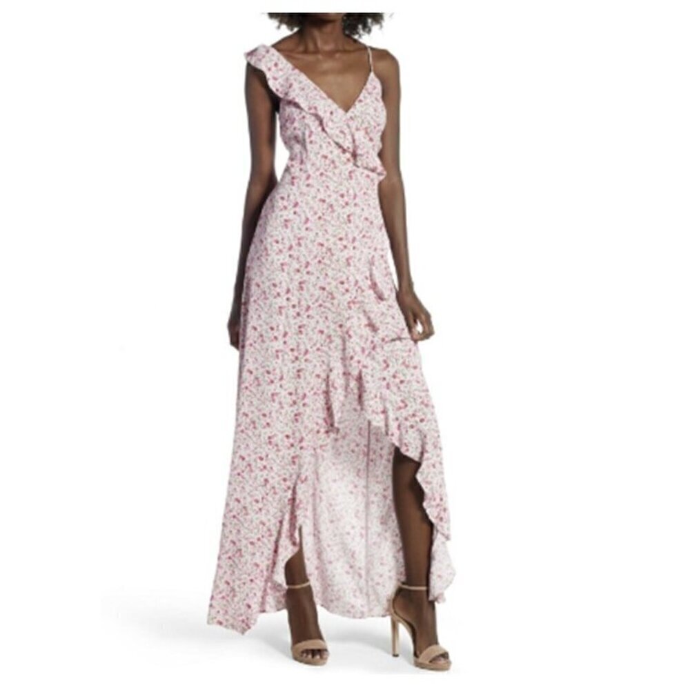 AFRM Ditsy Floral Bowen Asymmetrical Ruffled Wrap Pink High Low Maxi Dress